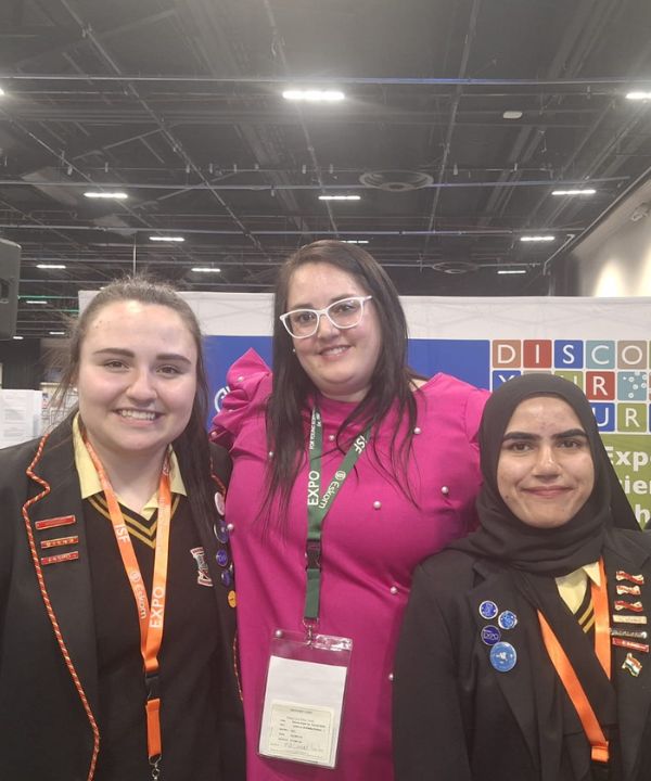 Gold for Welkom-Gimnasium. Calista Gerber: Best Energy Project (Regeneration of electricity), Fatima Noor: Best Female Project (Next-gen bandages 2.0.) with Teacher Renee Erwee (Grade 10-12 Physical Sciences & Grade 8-9 Natural Sciences). (Image: Supplied)